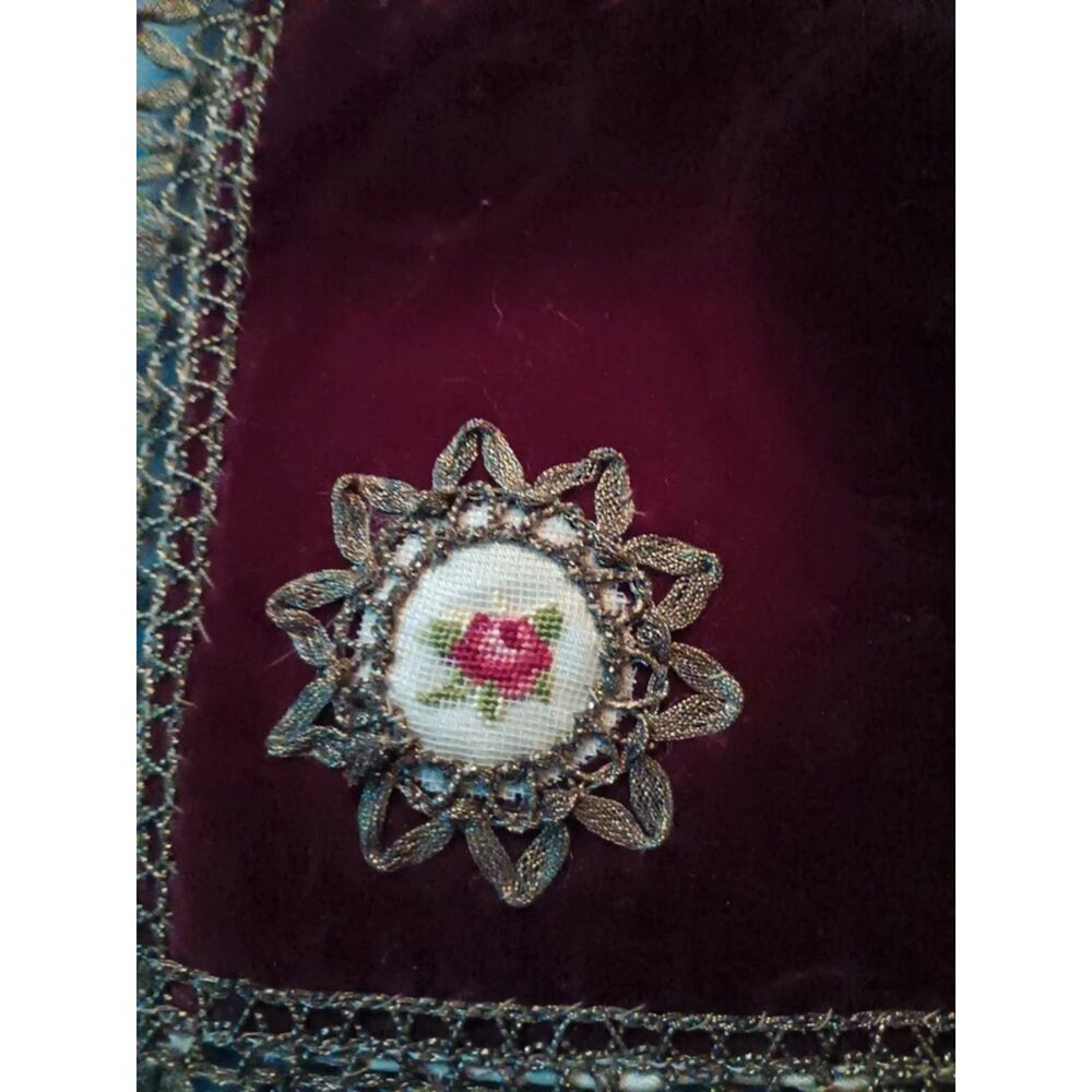 Handmade burgundy embroidered doily with beaded rose details